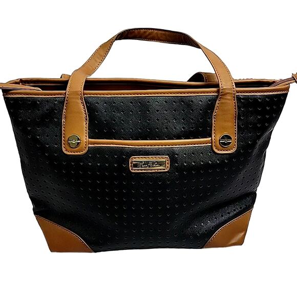 Marc Fisher Black Tan Perforated Vegan Leather Double Handle Handbag Purse - Picture 1 of 16